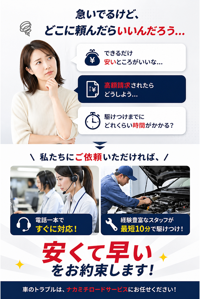 急いでいるけどどこに頼めばいい？安さ、高額請求への不安、駆けつけ時間を気にする方へ。ナカミチロードサービスは、電話一本の即対応と経験豊富なスタッフによる最短10分での到着で、安くて早いサービスを提供します。